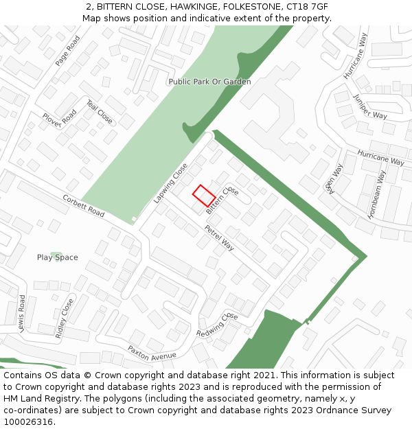 2, BITTERN CLOSE, HAWKINGE, FOLKESTONE, CT18 7GF: Location map and indicative extent of plot