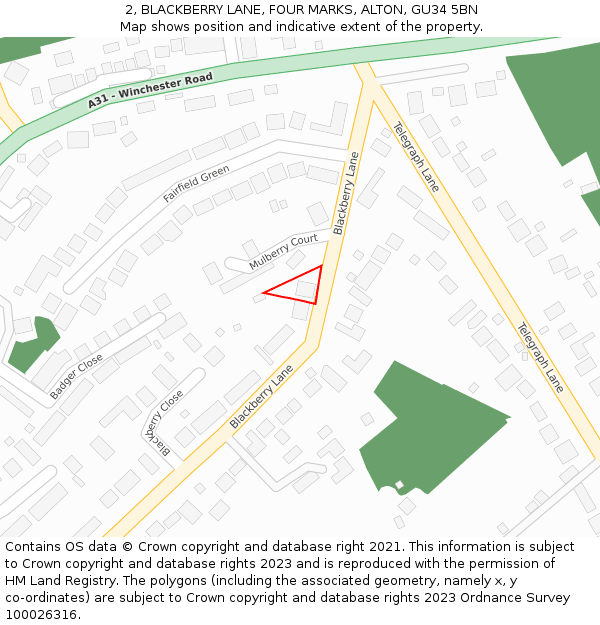 2, BLACKBERRY LANE, FOUR MARKS, ALTON, GU34 5BN: Location map and indicative extent of plot
