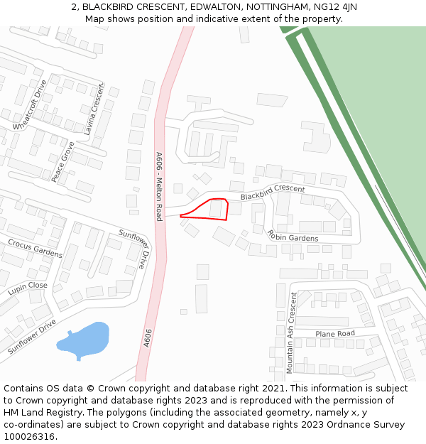 2, BLACKBIRD CRESCENT, EDWALTON, NOTTINGHAM, NG12 4JN: Location map and indicative extent of plot