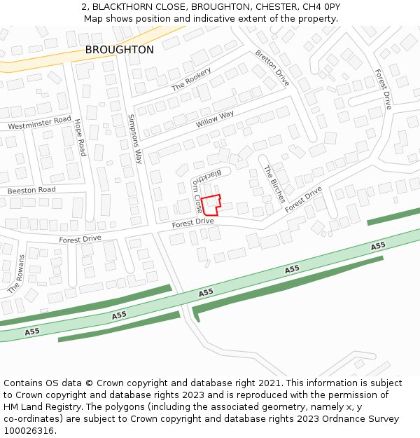 2, BLACKTHORN CLOSE, BROUGHTON, CHESTER, CH4 0PY: Location map and indicative extent of plot