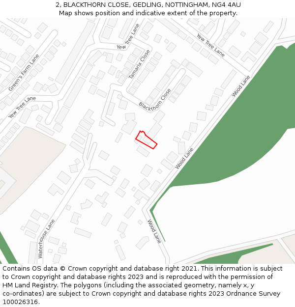 2, BLACKTHORN CLOSE, GEDLING, NOTTINGHAM, NG4 4AU: Location map and indicative extent of plot