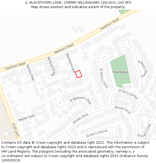 2, BLACKTHORN LANE, CHERRY WILLINGHAM, LINCOLN, LN3 4FD: Location map and indicative extent of plot