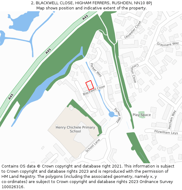 2, BLACKWELL CLOSE, HIGHAM FERRERS, RUSHDEN, NN10 8PJ: Location map and indicative extent of plot