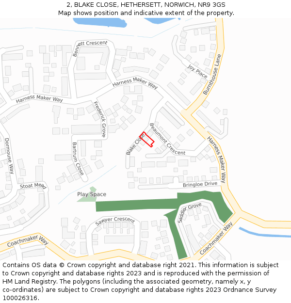 2, BLAKE CLOSE, HETHERSETT, NORWICH, NR9 3GS: Location map and indicative extent of plot