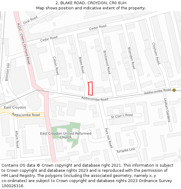 2, BLAKE ROAD, CROYDON, CR0 6UH: Location map and indicative extent of plot