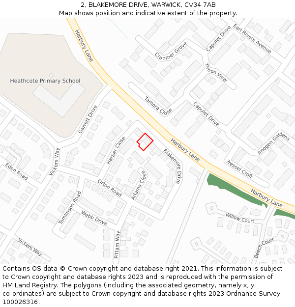 2, BLAKEMORE DRIVE, WARWICK, CV34 7AB: Location map and indicative extent of plot