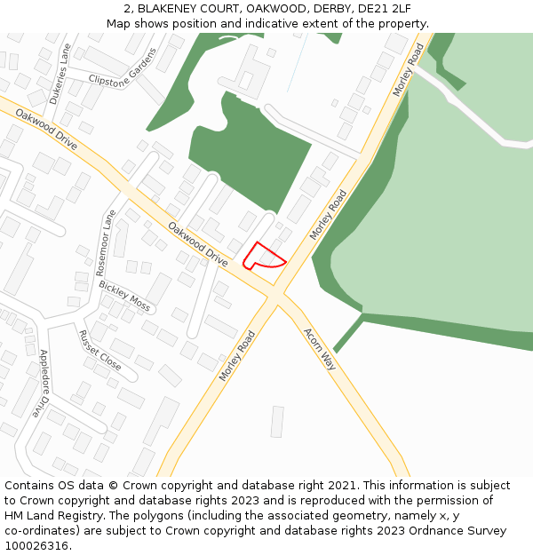2, BLAKENEY COURT, OAKWOOD, DERBY, DE21 2LF: Location map and indicative extent of plot