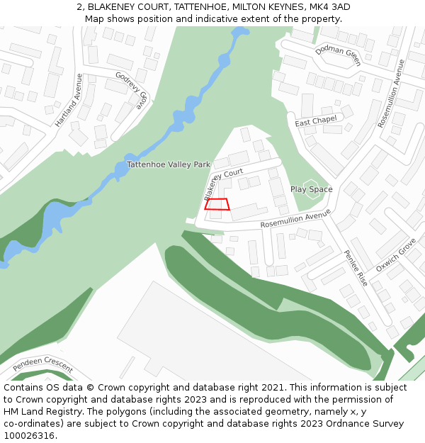 2, BLAKENEY COURT, TATTENHOE, MILTON KEYNES, MK4 3AD: Location map and indicative extent of plot