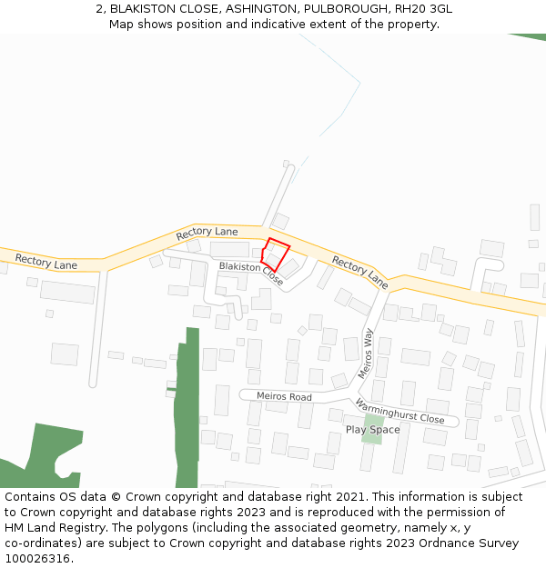 2, BLAKISTON CLOSE, ASHINGTON, PULBOROUGH, RH20 3GL: Location map and indicative extent of plot