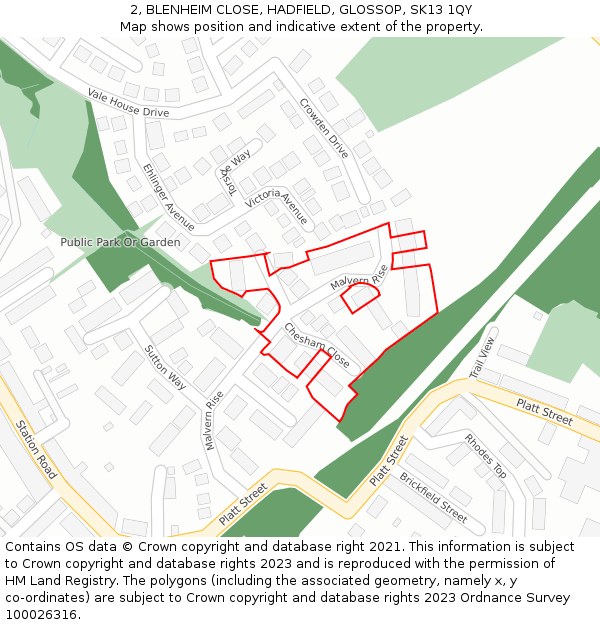 2, BLENHEIM CLOSE, HADFIELD, GLOSSOP, SK13 1QY: Location map and indicative extent of plot