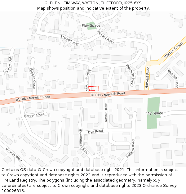 2, BLENHEIM WAY, WATTON, THETFORD, IP25 6XS: Location map and indicative extent of plot