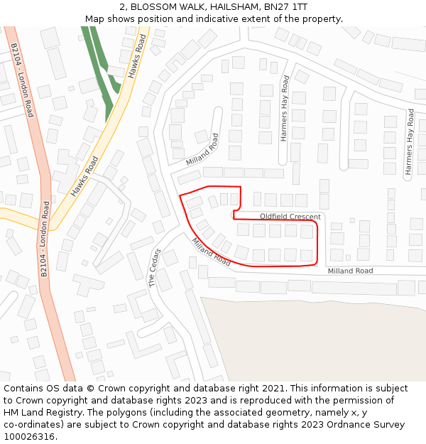 2, BLOSSOM WALK, HAILSHAM, BN27 1TT: Location map and indicative extent of plot
