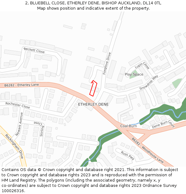 2, BLUEBELL CLOSE, ETHERLEY DENE, BISHOP AUCKLAND, DL14 0TL: Location map and indicative extent of plot