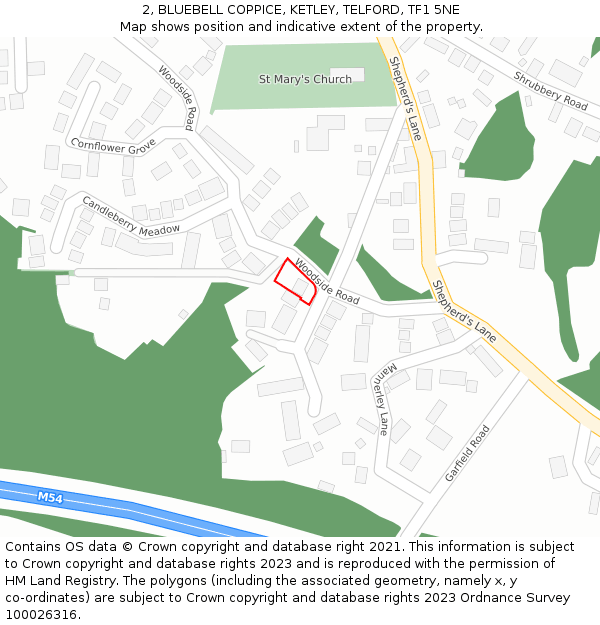 2, BLUEBELL COPPICE, KETLEY, TELFORD, TF1 5NE: Location map and indicative extent of plot