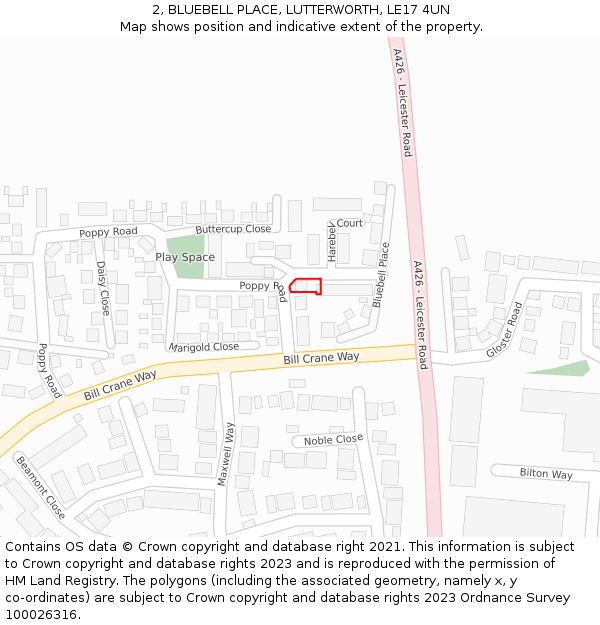2, BLUEBELL PLACE, LUTTERWORTH, LE17 4UN: Location map and indicative extent of plot
