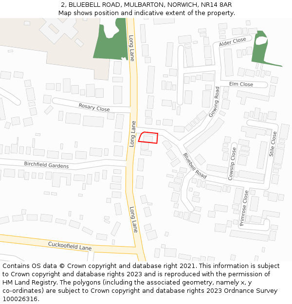 2, BLUEBELL ROAD, MULBARTON, NORWICH, NR14 8AR: Location map and indicative extent of plot