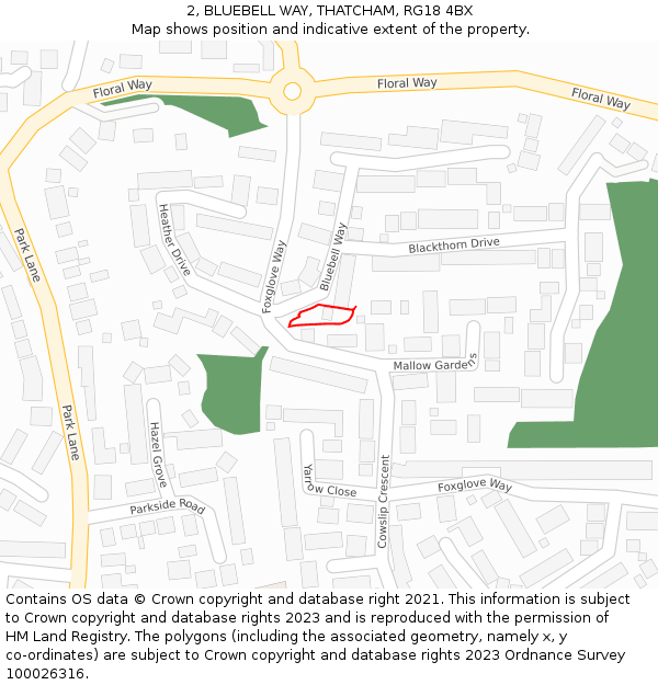 2, BLUEBELL WAY, THATCHAM, RG18 4BX: Location map and indicative extent of plot