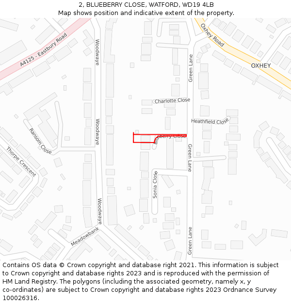 2, BLUEBERRY CLOSE, WATFORD, WD19 4LB: Location map and indicative extent of plot