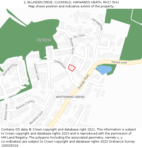 2, BLUNDEN DRIVE, CUCKFIELD, HAYWARDS HEATH, RH17 5HU: Location map and indicative extent of plot