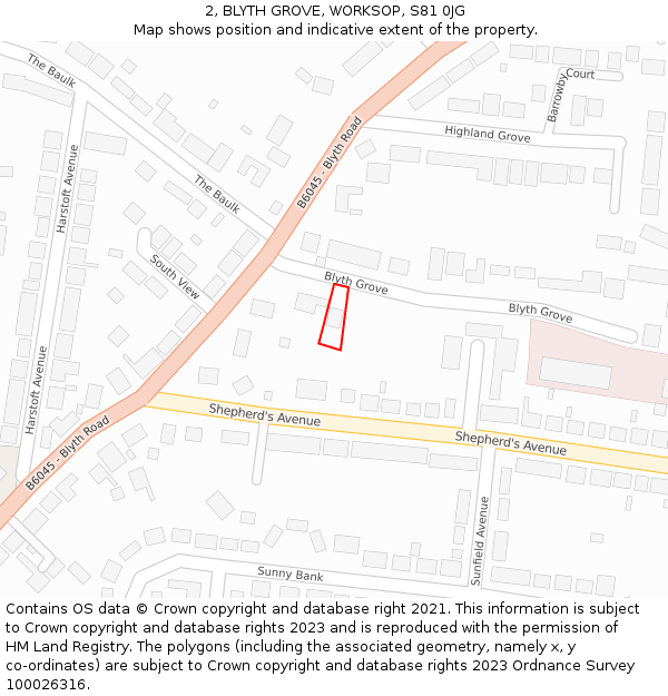 2, BLYTH GROVE, WORKSOP, S81 0JG: Location map and indicative extent of plot