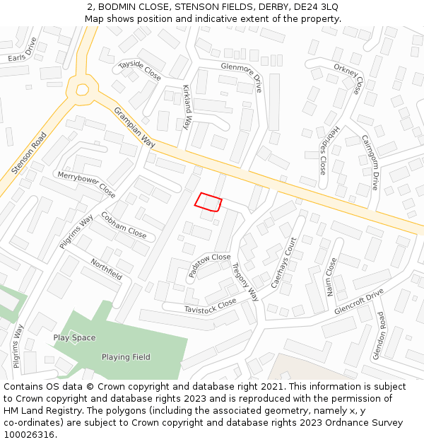 2, BODMIN CLOSE, STENSON FIELDS, DERBY, DE24 3LQ: Location map and indicative extent of plot