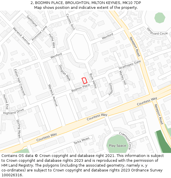 2, BODMIN PLACE, BROUGHTON, MILTON KEYNES, MK10 7DP: Location map and indicative extent of plot