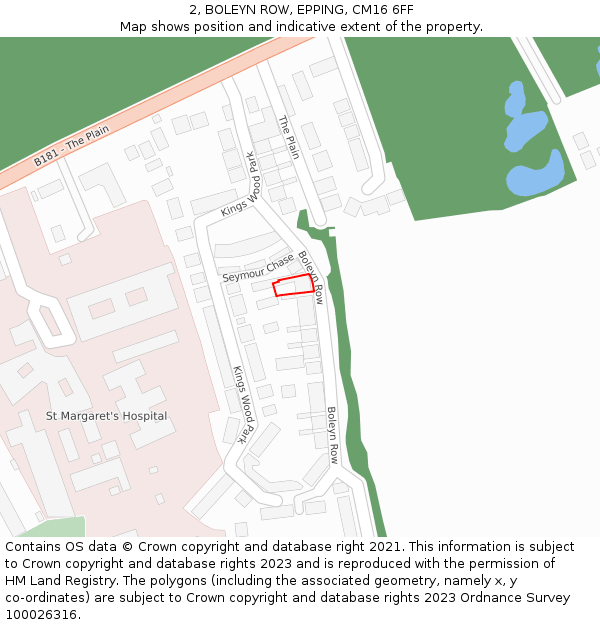 2, BOLEYN ROW, EPPING, CM16 6FF: Location map and indicative extent of plot