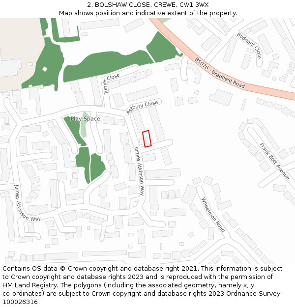 2, BOLSHAW CLOSE, CREWE, CW1 3WX: Location map and indicative extent of plot