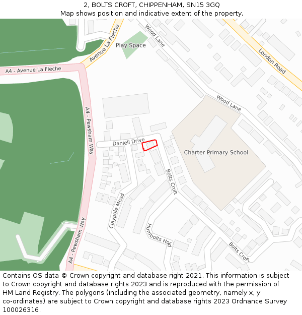 2, BOLTS CROFT, CHIPPENHAM, SN15 3GQ: Location map and indicative extent of plot