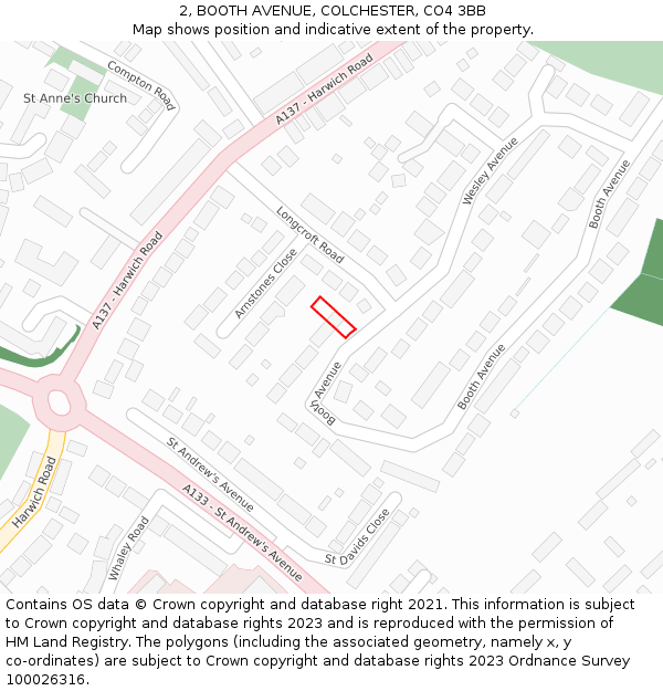 2, BOOTH AVENUE, COLCHESTER, CO4 3BB: Location map and indicative extent of plot