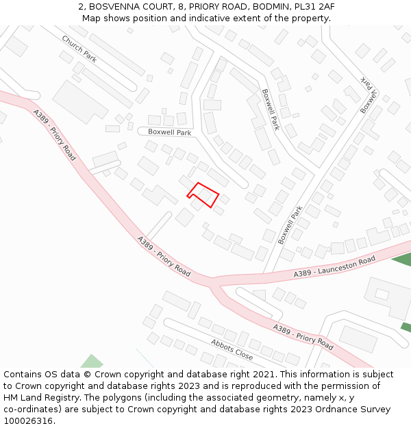 2, BOSVENNA COURT, 8, PRIORY ROAD, BODMIN, PL31 2AF: Location map and indicative extent of plot