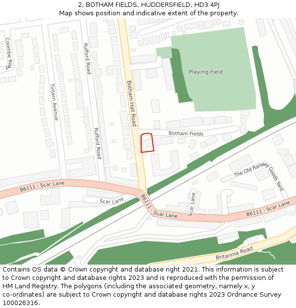 2, BOTHAM FIELDS, HUDDERSFIELD, HD3 4PJ: Location map and indicative extent of plot