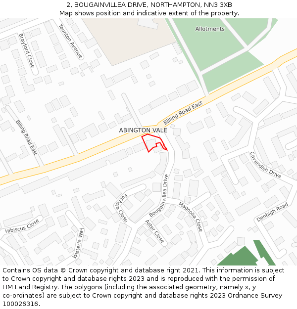 2, BOUGAINVILLEA DRIVE, NORTHAMPTON, NN3 3XB: Location map and indicative extent of plot