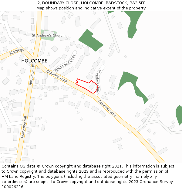 2, BOUNDARY CLOSE, HOLCOMBE, RADSTOCK, BA3 5FP: Location map and indicative extent of plot
