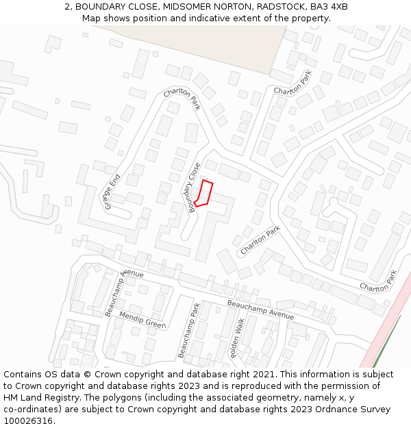 2, BOUNDARY CLOSE, MIDSOMER NORTON, RADSTOCK, BA3 4XB: Location map and indicative extent of plot