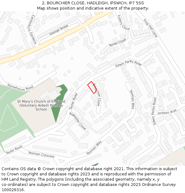 2, BOURCHIER CLOSE, HADLEIGH, IPSWICH, IP7 5SS: Location map and indicative extent of plot