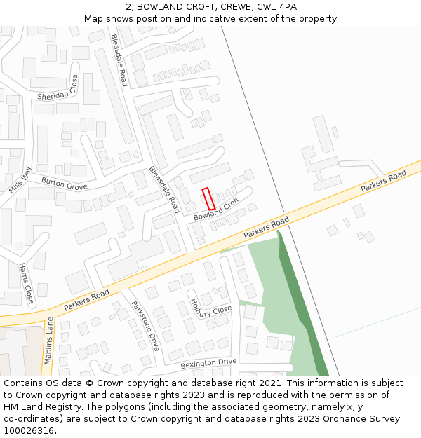 2, BOWLAND CROFT, CREWE, CW1 4PA: Location map and indicative extent of plot