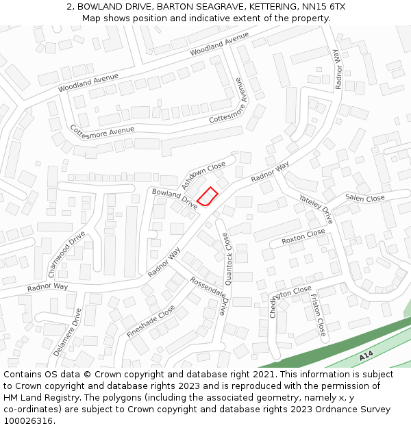 2, BOWLAND DRIVE, BARTON SEAGRAVE, KETTERING, NN15 6TX: Location map and indicative extent of plot