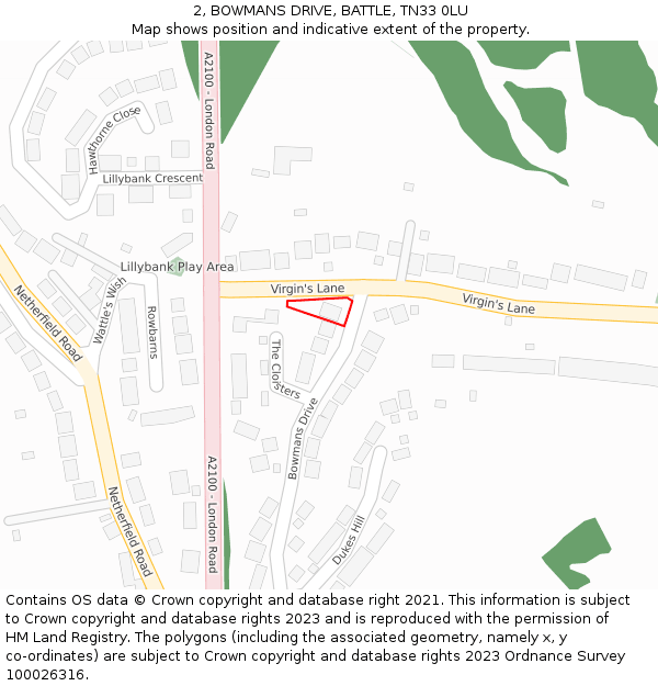 2, BOWMANS DRIVE, BATTLE, TN33 0LU: Location map and indicative extent of plot