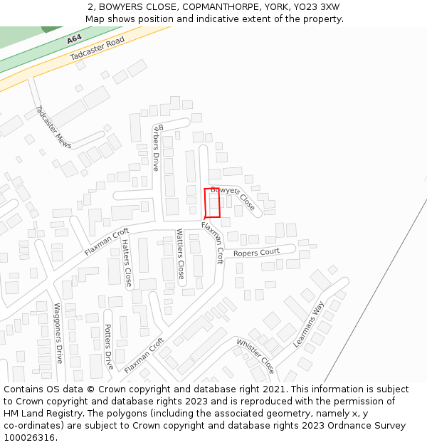 2, BOWYERS CLOSE, COPMANTHORPE, YORK, YO23 3XW: Location map and indicative extent of plot