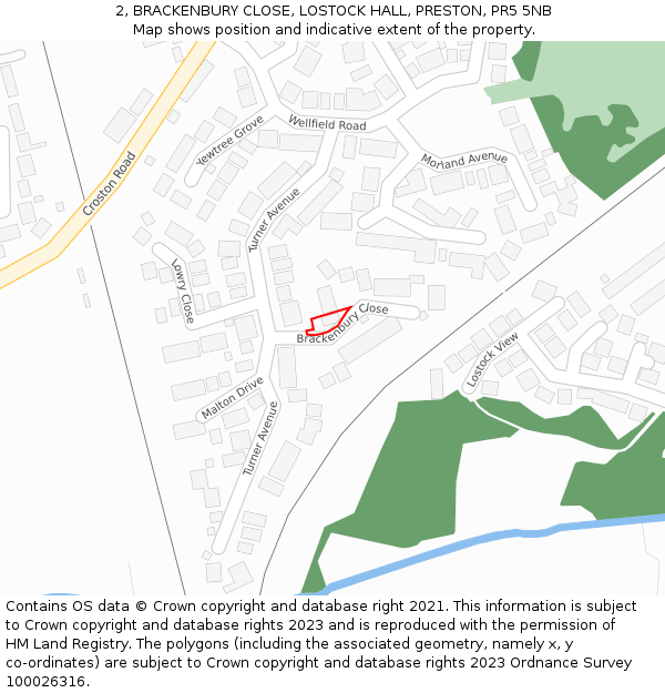 2, BRACKENBURY CLOSE, LOSTOCK HALL, PRESTON, PR5 5NB: Location map and indicative extent of plot