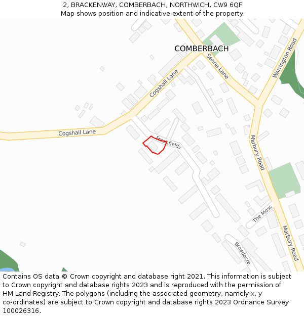 2, BRACKENWAY, COMBERBACH, NORTHWICH, CW9 6QF: Location map and indicative extent of plot