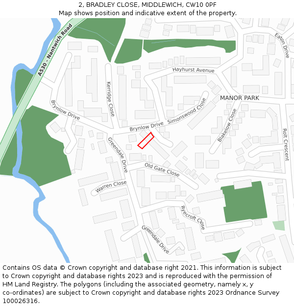 2, BRADLEY CLOSE, MIDDLEWICH, CW10 0PF: Location map and indicative extent of plot