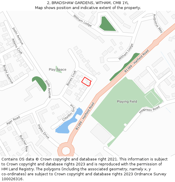 2, BRADSHAW GARDENS, WITHAM, CM8 1YL: Location map and indicative extent of plot