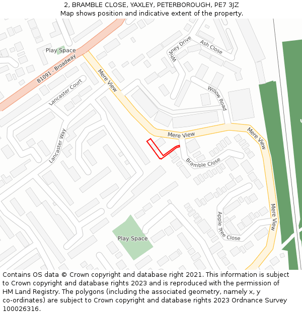 2, BRAMBLE CLOSE, YAXLEY, PETERBOROUGH, PE7 3JZ: Location map and indicative extent of plot