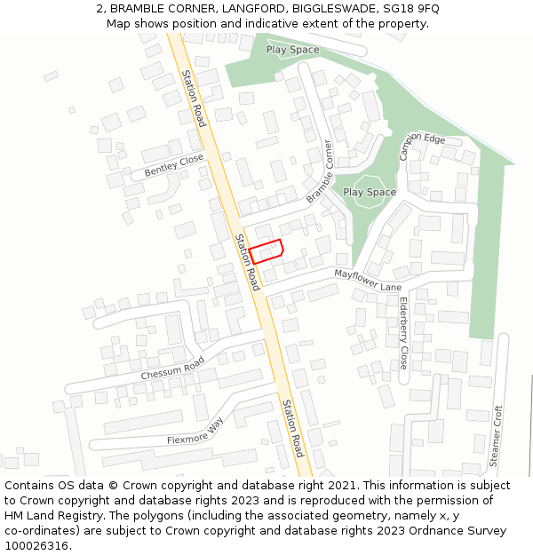 2, BRAMBLE CORNER, LANGFORD, BIGGLESWADE, SG18 9FQ: Location map and indicative extent of plot