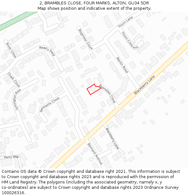 2, BRAMBLES CLOSE, FOUR MARKS, ALTON, GU34 5DR: Location map and indicative extent of plot