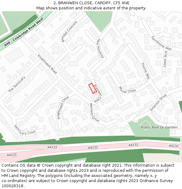 2, BRANWEN CLOSE, CARDIFF, CF5 4NE: Location map and indicative extent of plot