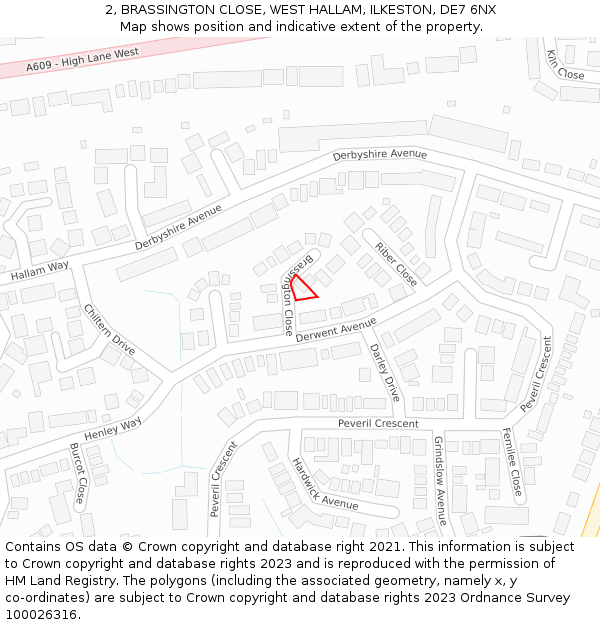 2, BRASSINGTON CLOSE, WEST HALLAM, ILKESTON, DE7 6NX: Location map and indicative extent of plot