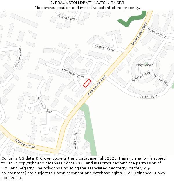 2, BRAUNSTON DRIVE, HAYES, UB4 9RB: Location map and indicative extent of plot